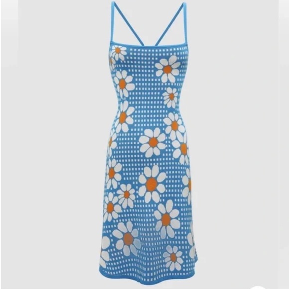 Cider Dresses & Skirts - NWT XL CIDER Daisy Print Mini Dress Open Back Strappy Knit Sweater, Blue White